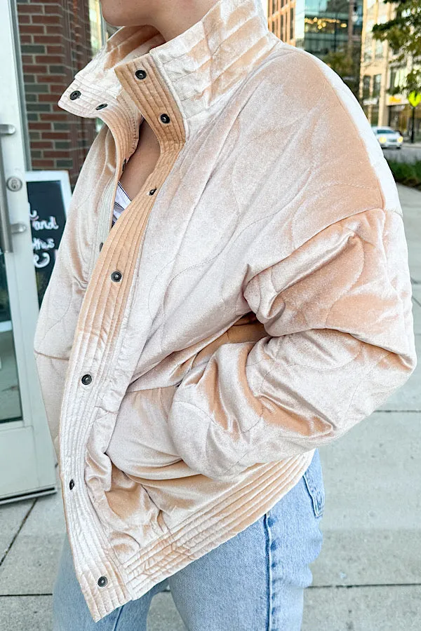 Velvet Puffer Jacket in Tan
