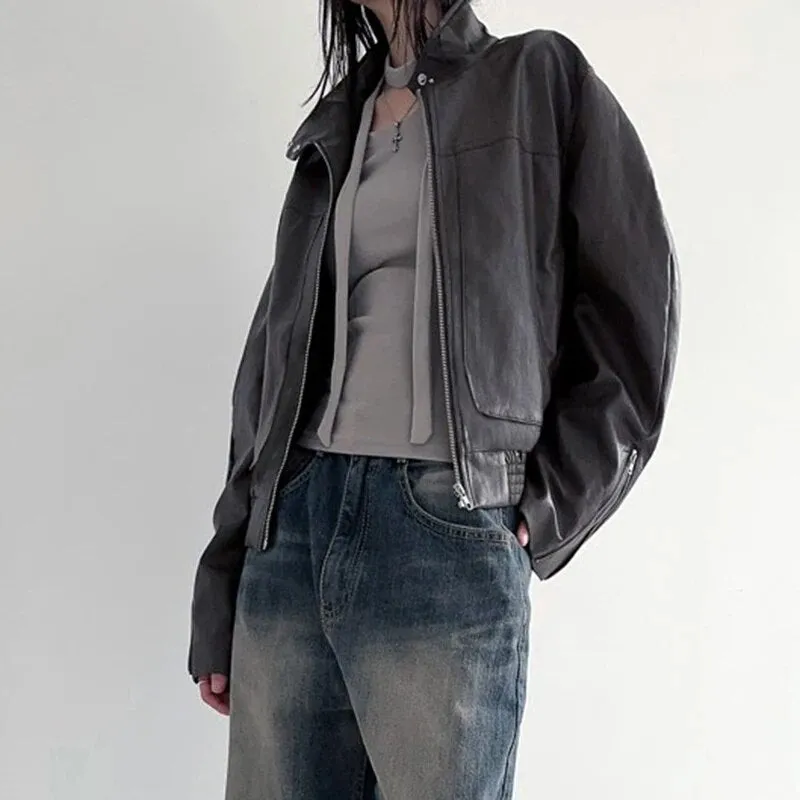Vintage PU Leather Zip-Up Long Sleeves Jacket