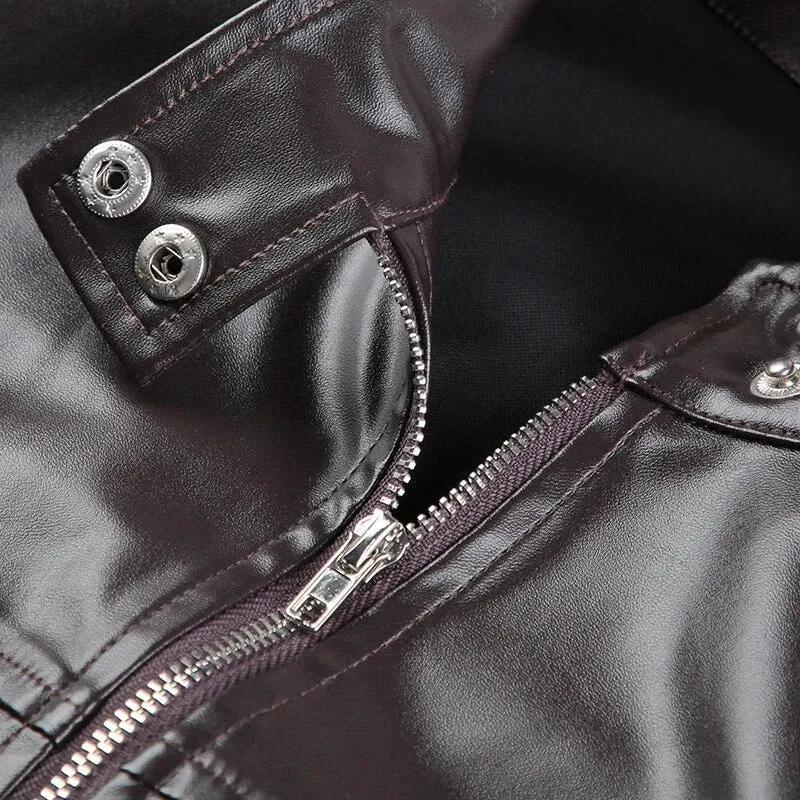 Vintage PU Leather Zip-Up Long Sleeves Jacket
