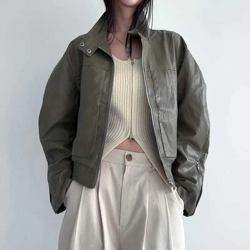 Vintage PU Leather Zip-Up Long Sleeves Jacket