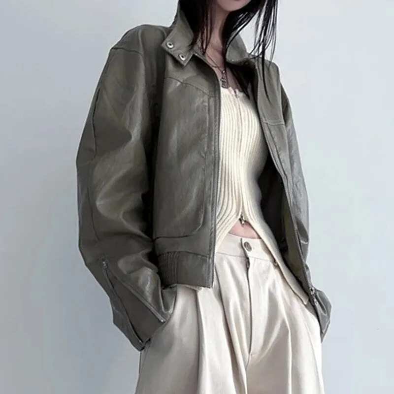 Vintage PU Leather Zip-Up Long Sleeves Jacket