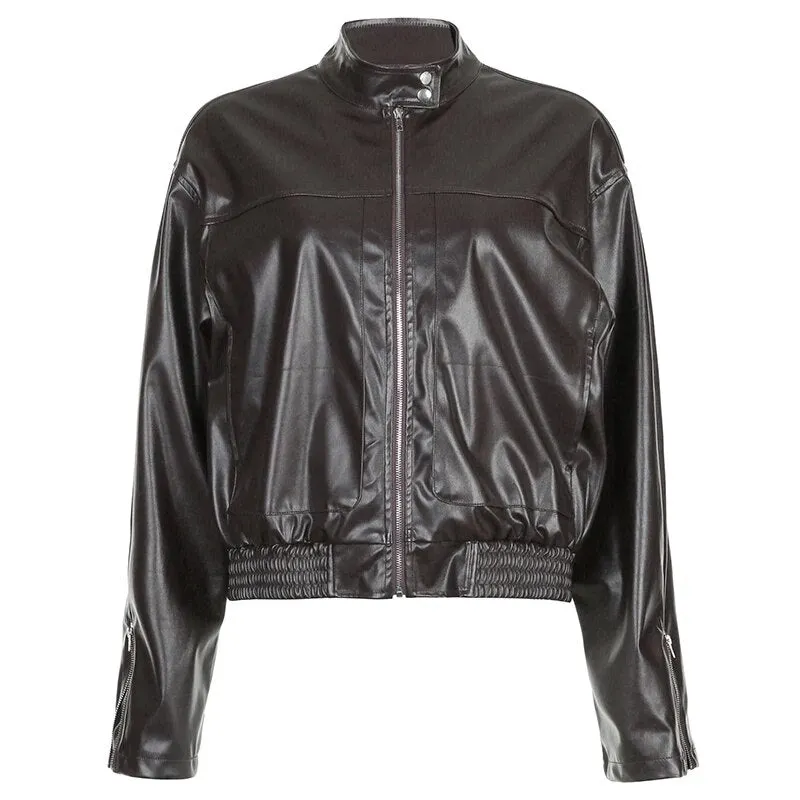 Vintage PU Leather Zip-Up Long Sleeves Jacket