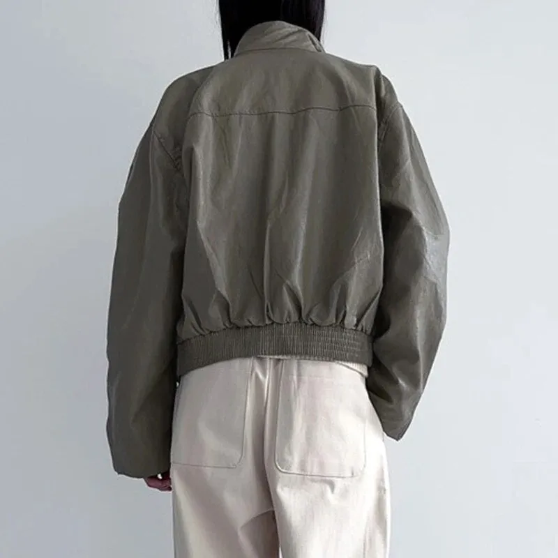 Vintage PU Leather Zip-Up Long Sleeves Jacket