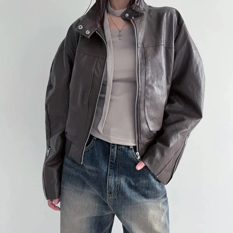 Vintage PU Leather Zip-Up Long Sleeves Jacket