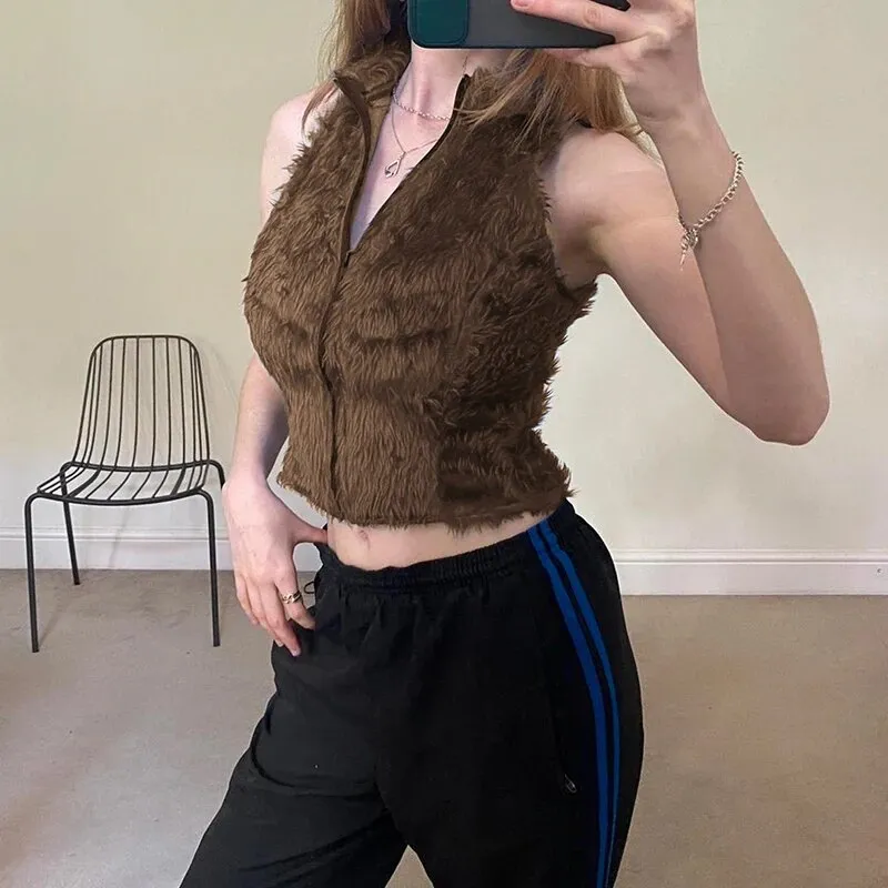 Vintage Sleeveless Faux Fur Zip-Up Jacket