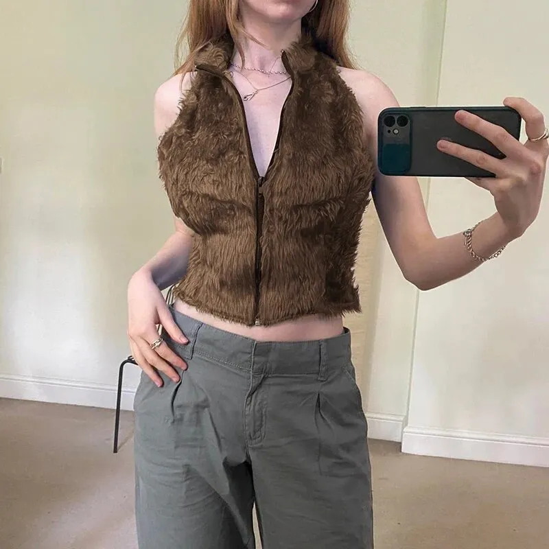 Vintage Sleeveless Faux Fur Zip-Up Jacket