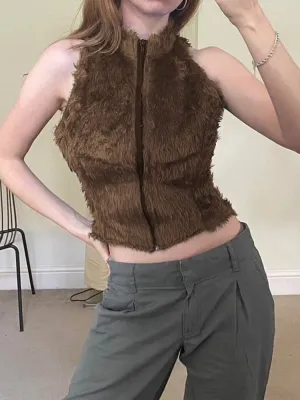 Vintage Sleeveless Faux Fur Zip-Up Jacket