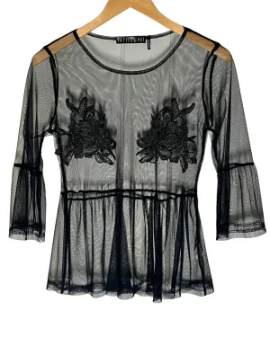 Winter Black Sheer Rose Embroidered Top