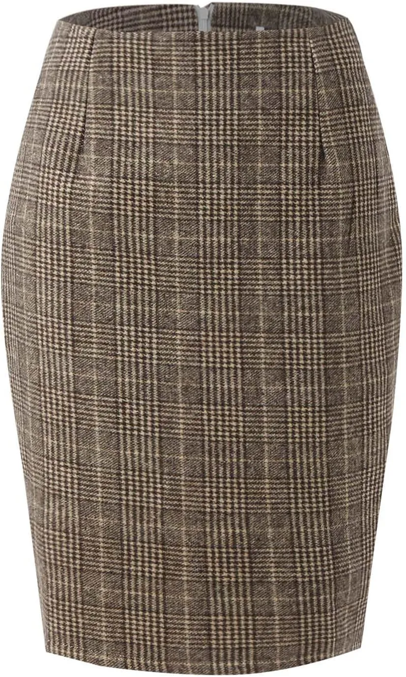 Women Wool Plaid Skirts Knee Length Preppy Clothes Bodycon Checkered Pencil Skirt High Waist Fall Winter Skirts