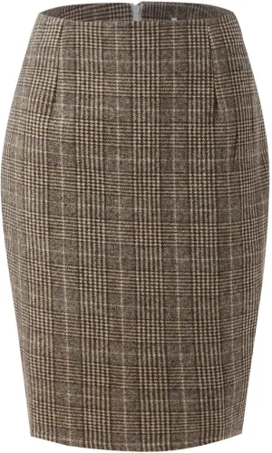 Women Wool Plaid Skirts Knee Length Preppy Clothes Bodycon Checkered Pencil Skirt High Waist Fall Winter Skirts