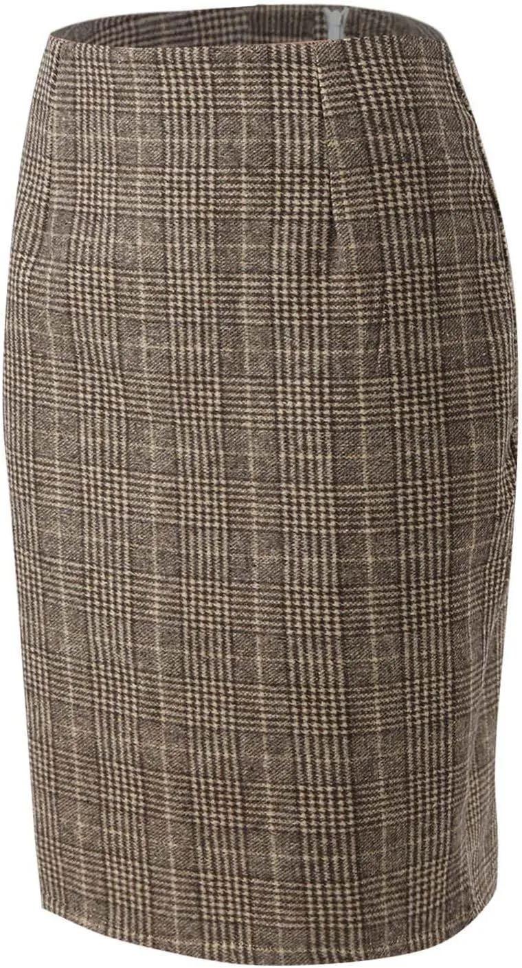 Women Wool Plaid Skirts Knee Length Preppy Clothes Bodycon Checkered Pencil Skirt High Waist Fall Winter Skirts