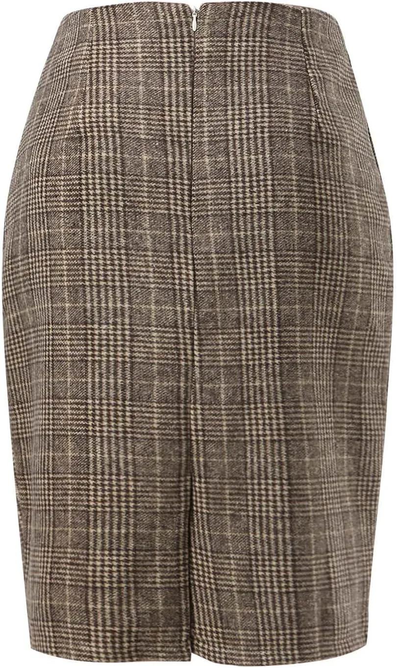Women Wool Plaid Skirts Knee Length Preppy Clothes Bodycon Checkered Pencil Skirt High Waist Fall Winter Skirts