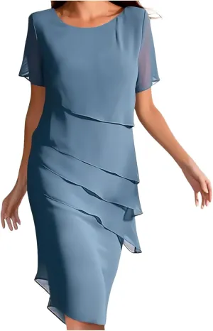 Women's Flowy Chiffon Tiered Midi Dress Summer Elegant Short Sleeve Layered Cocktail Dresses